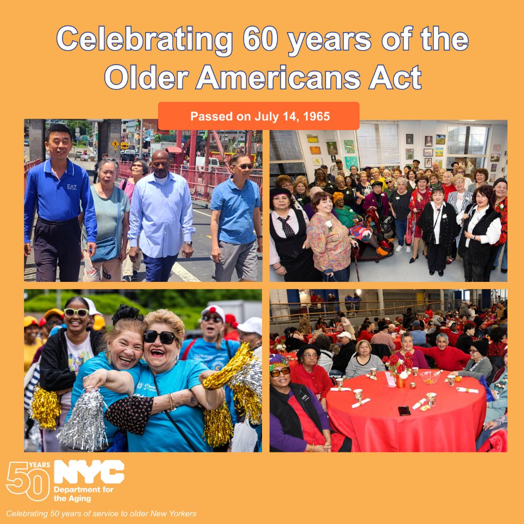 NYCAging's tweet image. For 60 years, the Older Americans Act has been the foundation of aging services nationwide. NYC Aging marks this milestone by honoring older adults past, present, and future with a continued commitment to care, independence, and quality of life.💙 #OAA60 #NYCAging