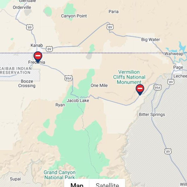 ***CLOSURE***

 Due to the White Sage Fire between the communities of Fredonia and Jacob Lake, both directions of US 89A remain closed. Southbound US 89A is closed at SR 389 in Fredonia (MP 609). Northbound US 89A is closed at Hatch Way (MP 547).
️
MORE: inciweb.wildfire.gov/incide.../azas…