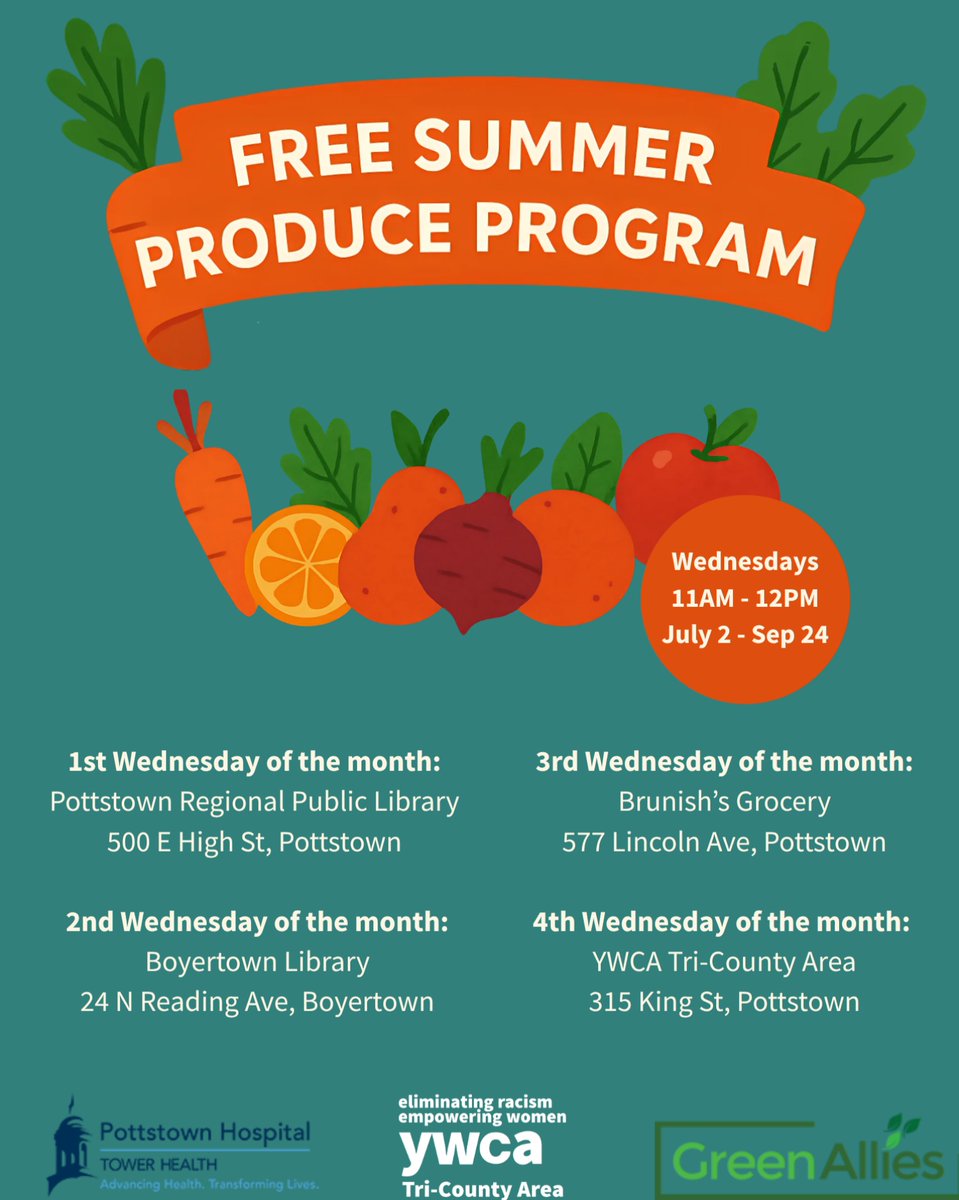 Free Summer Produce 🍓🥕

Join Pottstown Hospital and GreenAllies for fresh produce every Wednesday, 11 AM–12 PM, July 2–Sept 24! YW3CA hosts on every 4th Wednesday at 315 King St, Pottstown. See the attached flyer for the full schedule and locations.