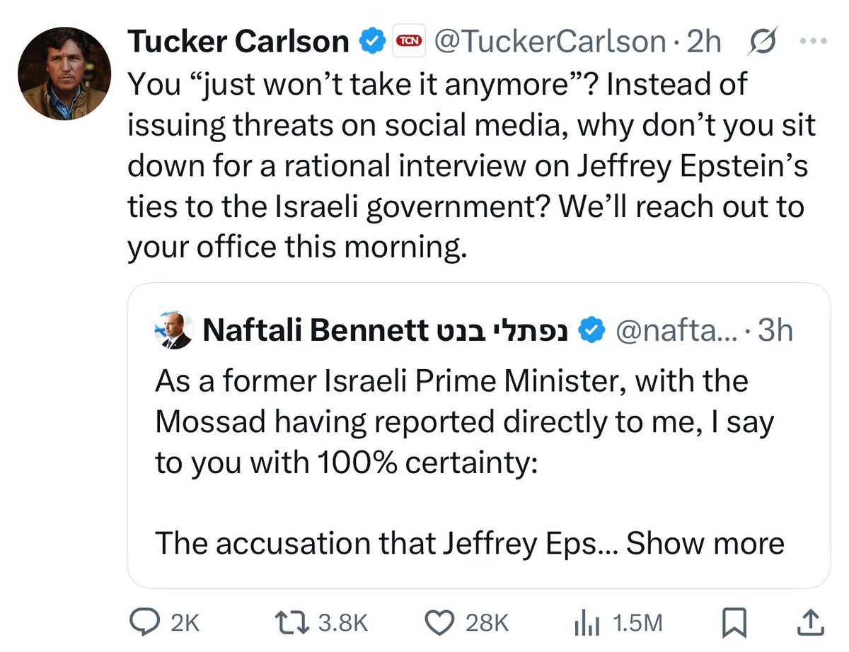 Tucker hears “Death to America” from Iran and shrugs.
But when he hears “I can’t take it anymore” from a former Israeli Prime Minister, he calls it a threat.
Pathetic.