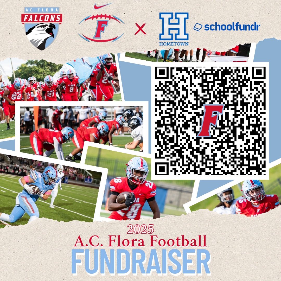 ACFloraFootball's tweet image. Hello! We are raising funds for AC Flora Falcons Football and would love your support. To support the football program at A.C. Flora High, click the link below or Scan the QR Code and support these gentlemen!
Thank you!
app.schoolfundr.org/fund/florafoot…