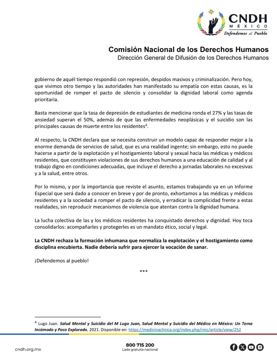 CNDH's tweet image. La #CNDH reconoce el esfuerzo por generar un sistema de salud potente y capaz de responder mejor a la realidad social, pero previene contra las condiciones que padecen las médicas y médicos residentes.
ℹ️ Más información: cndh.org.mx/sites/default/…
#DefendemosAlPueblo