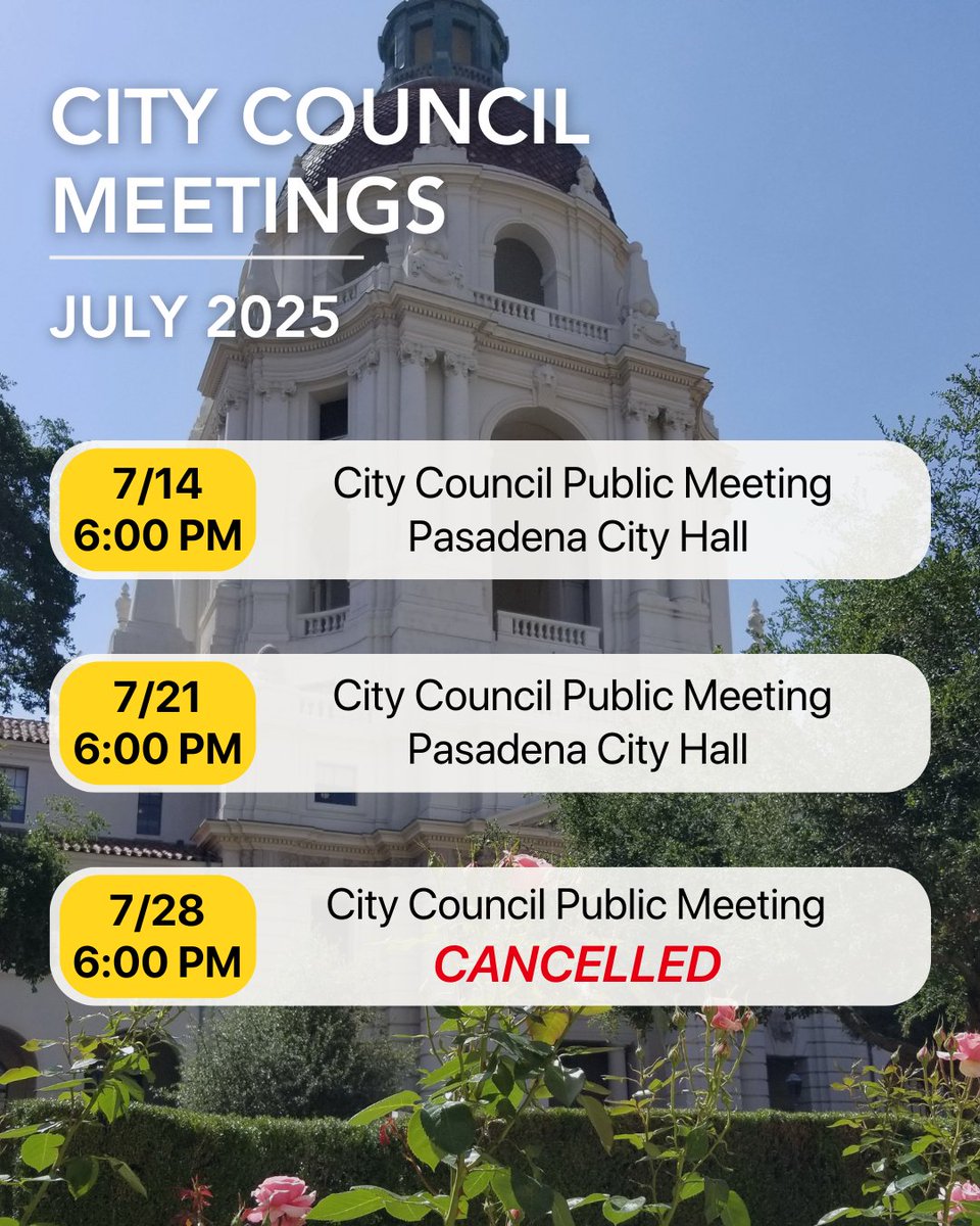 Pasadena City Council is scheduled to meet today, Monday, July 14, 6:00 p.m., at Pasadena City Hall, 100 N. Garfield Ave. (Council Chambers Room S249).

Visit CityOfPasadena.net/Events for more meetings and events happening this week.