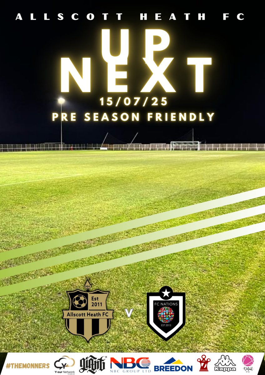Allscott Heath FC (@allscottheathfc) on Twitter photo 🟢⚫ Up Next ⚫🟢
@Harvi97919444's Monners are in action again Tuesday night in our third preseason outing at the <a href="/Giantstud_io/">Giant Studio</a> stadium as we take on <a href="/FC_Nations/">FC Nations</a>
🕡19:30
🎟️ £2
☕ Refreshments available
#themonners
🟢⚫ 🟢⚫ Up Next ⚫🟢
@Harvi97919444's Monners are in action again Tuesday night in our third preseason outing at the <a href="/Giantstud_io/">Giant Studio</a> stadium as we take on <a href="/FC_Nations/">FC Nations</a>
🕡19:30
🎟️ £2
☕ Refreshments available
#themonners
🟢⚫