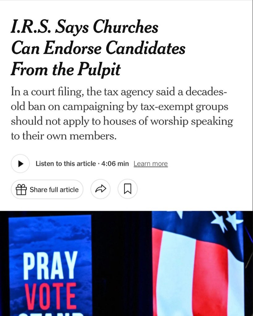 CarrieIsaac's tweet image. 🚨 BREAKING: The IRS has stated that churches can endorse political candidates from the pulpit without losing their tax-exempt status.
In a recent court filing, the IRS argued that the long-standing Johnson Amendment should not apply to religious speech delivered during worship…