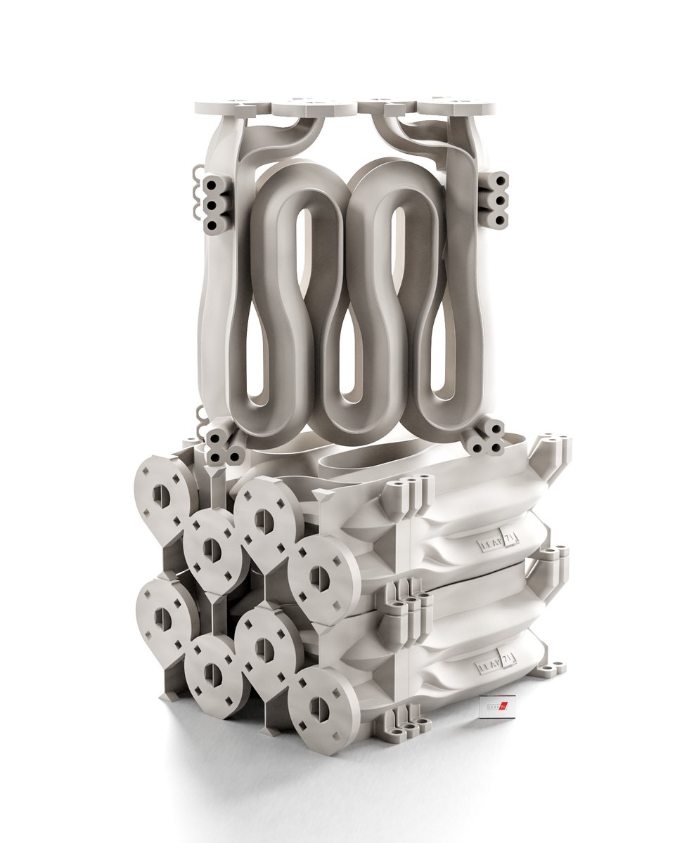 leap_71's tweet image. A lightweight high-performance customizable and stackable water/water heat exchanger for the energy sector designed using the Noyron Large Computational Engineering Model. The inside structure consists of checkerboard-interleaved cooling channels, oriented to be 3D printable.
