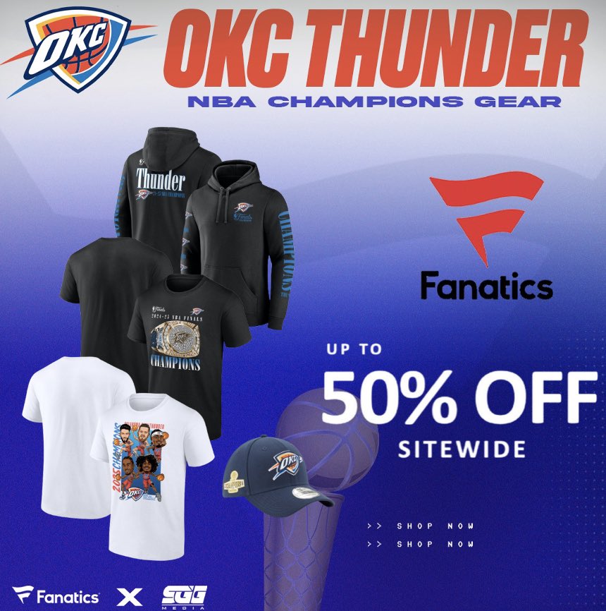 OKCTopicThunder's tweet image. #ThunderUp NBA Championship gear up to 50% off @fanatics
Stock up here: fanatics.93n6tx.net/Z6R5LR