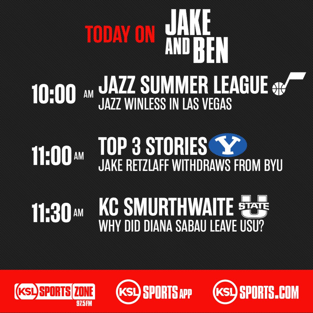 JakeAndBenKSL's tweet image. Monday's Lineup with @JakeScottZone & @BensHoops
- Jazz winless at Las Vegas Summer League
- Jake Retzlaff withdraws from BYU, everyone gets to move on
- @KcSmurthwaite on Diana Sabau's departure from Utah State
🎧: tuner.bonneville.com/live/KZNS-FM
📱: youtube.com/@ksl5sports