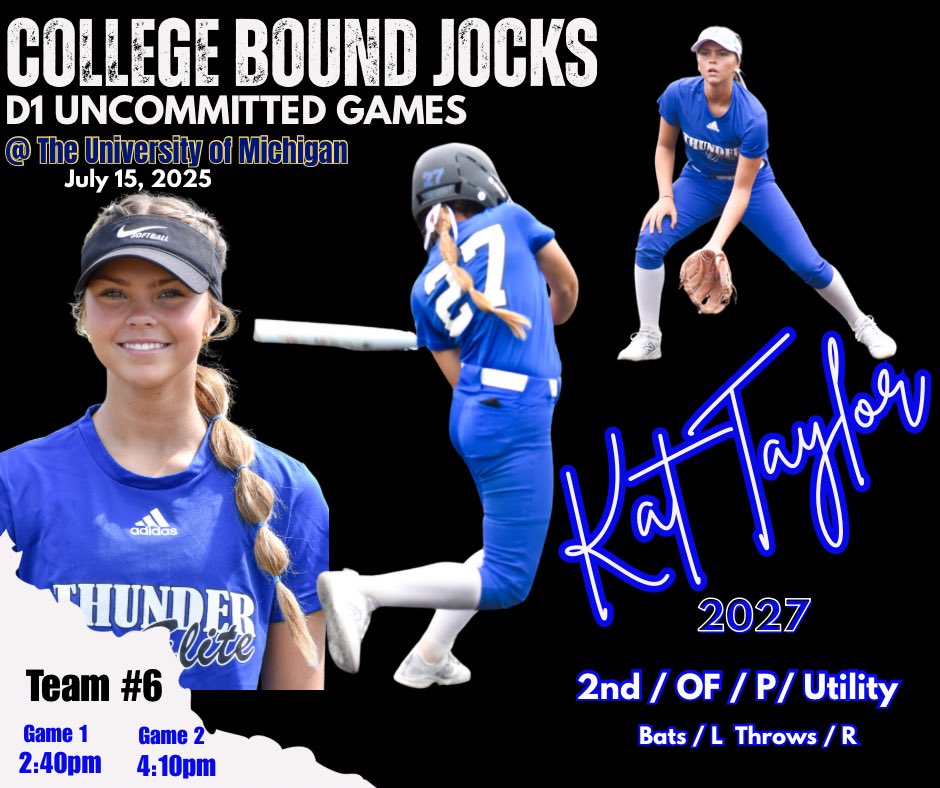 Kat Taylor (@kattaylor2027) on Twitter photo Excited for the opportunity to play at The University of Michigan tomorrow for the <a href="/CollegeBDJocks/">College Bound Jocks</a> D1 Uncommitted Games. I am on Team 6 at 2:40pm & 4:10pm. <a href="/ValpoSoftball/">Valpo Softball</a> <a href="/_Jazmyne24/">Jazmyne Armendariz</a> <a href="/MikeArmy242424/">Mike armitage</a> <a href="/addyjarvis/">Addy Jarvis</a> <a href="/BelmontSoftball/">Belmont Softball</a> <a href="/MiamiOH_SB/">Miami Softball</a> <a href="/CoastalSoftball/">Coastal Carolina SB</a> <a href="/IlliniSB/">Illinois Softball</a> Excited for the opportunity to play at The University of Michigan tomorrow for the <a href="/CollegeBDJocks/">College Bound Jocks</a> D1 Uncommitted Games. I am on Team 6 at 2:40pm & 4:10pm. <a href="/ValpoSoftball/">Valpo Softball</a> <a href="/_Jazmyne24/">Jazmyne Armendariz</a> <a href="/MikeArmy242424/">Mike armitage</a> <a href="/addyjarvis/">Addy Jarvis</a> <a href="/BelmontSoftball/">Belmont Softball</a> <a href="/MiamiOH_SB/">Miami Softball</a> <a href="/CoastalSoftball/">Coastal Carolina SB</a> <a href="/IlliniSB/">Illinois Softball</a>
