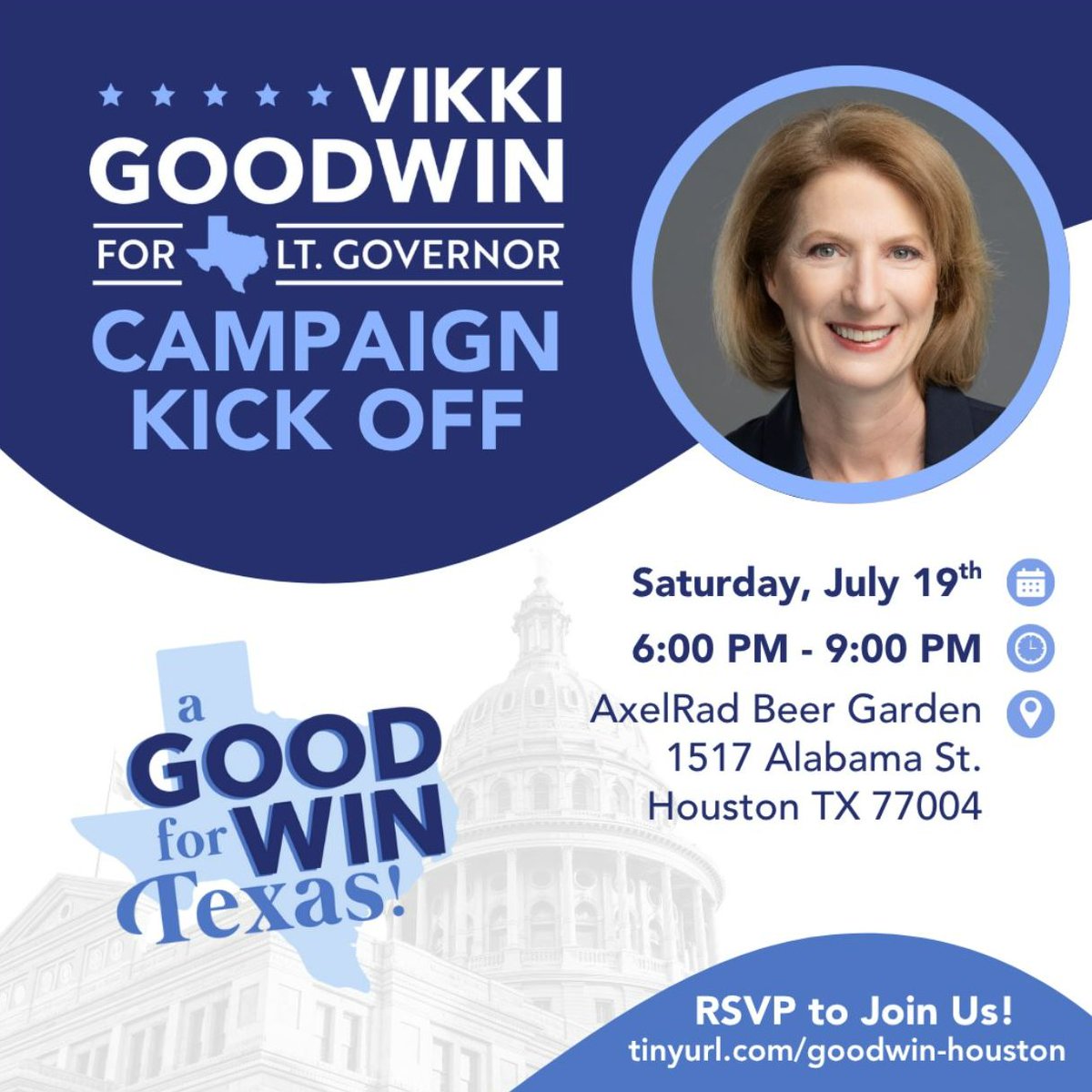 VikkiGoodwinTX's tweet image. This Saturday, we're bringing our campaign to Houston, and I can't wait to connect with the incredible supporters who are ready to help us build a better Texas.
When: July 19th, 6 to 9 PM
Where: AxelRad Beer Garden
1517 Alabama St., Houston TX 77004
What: Campaign kick off with…