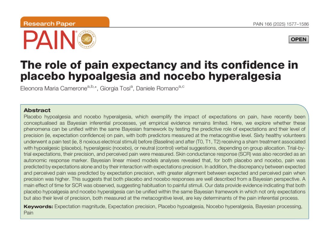 Back from social media break with a study that is unlikely to show what it claims. Very little control of demand characteristics yet they declare “the study’s results are consistent with Bayesian brain hypothesis”that expectations affect pain. BS!  In the control group 31.58%