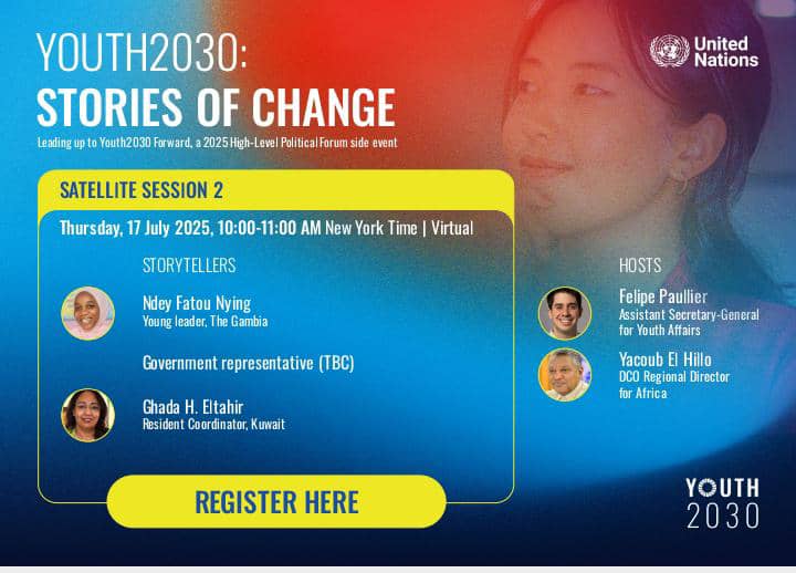 #UNYouth2030:Accélérons l'Impact! 🚀
La Stratégie Jeunesse 2030 de l'ONU entre ds sa phase 2. Il est tps d'intensifier les efforts pr atteindre les #ODD!
Rejoignez les sessions virtuelles :
 *Session 1: 16/7,de 8h00 à 9h00 (heure NY)
 *Session 2: 17/7,de 10h00 à 11h00 (heure NY).