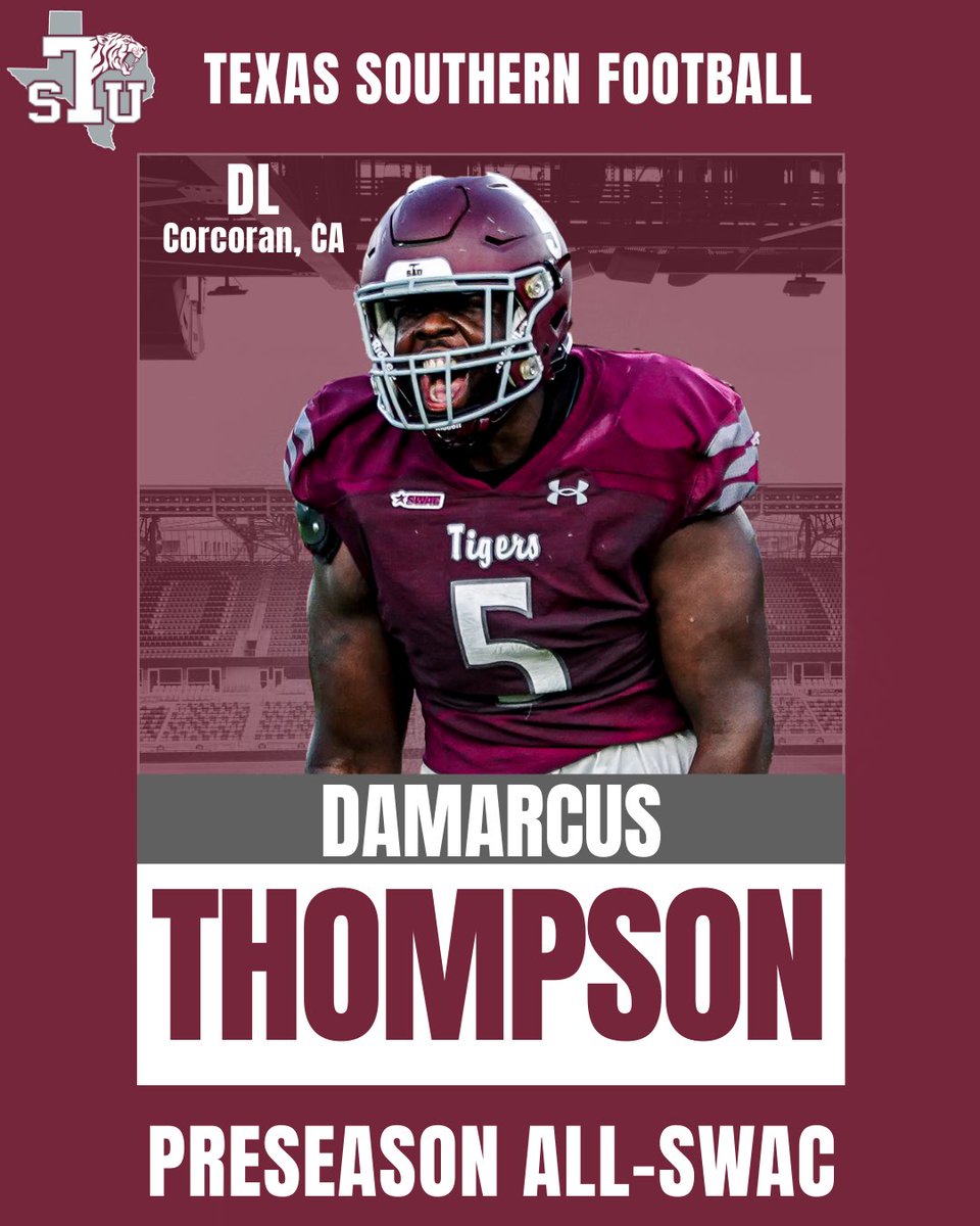 TXSOTigers's tweet image. Congratulations to our 2025 @TSUFootball Preseason All-SWAC honorees in Trent Leary (WR), DaMarcus Thompson (DL) & Jeremy Ramirez (P) - 2025 @theswac Media Day kicks off Wednesday at 10 a.m. in Birmingham!