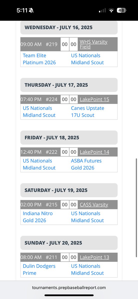 <a href="/USNats_MIDLAND/">US Nationals “Midland”</a> 17U Scout head to ATL for the <a href="/PBRTournaments/">Prep Baseball Tournaments</a> 17U Natty‼️

Rotation for the week:
1. <a href="/Ry_Deak07/">Ryan Deakins</a> 
2. <a href="/oreskovich_nick/">Nick Oreskovich</a> 
3. <a href="/eli_kem77/">Eli Kemna</a> 
4. <a href="/kyler_fanning/">Kyler Fanning 660-415-5495</a> 
5. <a href="/JoshMarsh1626/">Josh Marsh</a> 

Team Stats:
Avg: .345
OBP: .450
R/G: 6.7
SB: 55/59
ERA: 3.8
BAA: .234