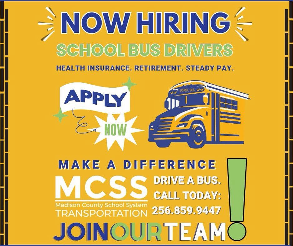 MCSS is now hiring bus drivers! 🚌 #MCSSDistrict4 <a href="/MadCoSchools/">MadCoSchools</a>