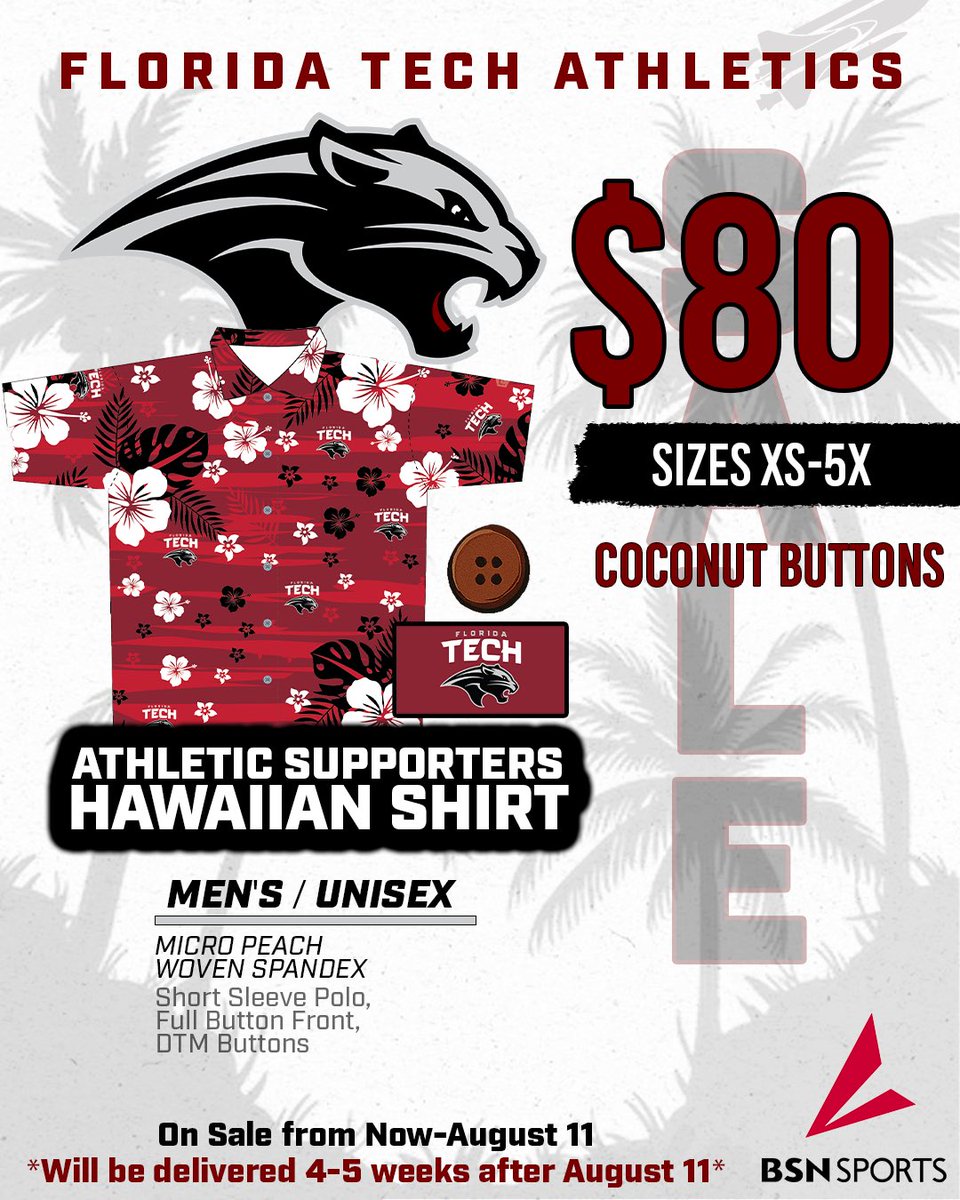Florida Tech Athletics (@fltechathletics) on Twitter photo ❗️Special Offer❗️
Rock this specialty Florida Tech Hawaiian shirt all year long🌺
Use the link below to support Florida Tech Athletics⬇️
bsnteamsports.com/shop/HA25FIT
#GoPanthers l #TechBuilt ❗️Special Offer❗️
Rock this specialty Florida Tech Hawaiian shirt all year long🌺
Use the link below to support Florida Tech Athletics⬇️
bsnteamsports.com/shop/HA25FIT
#GoPanthers l #TechBuilt