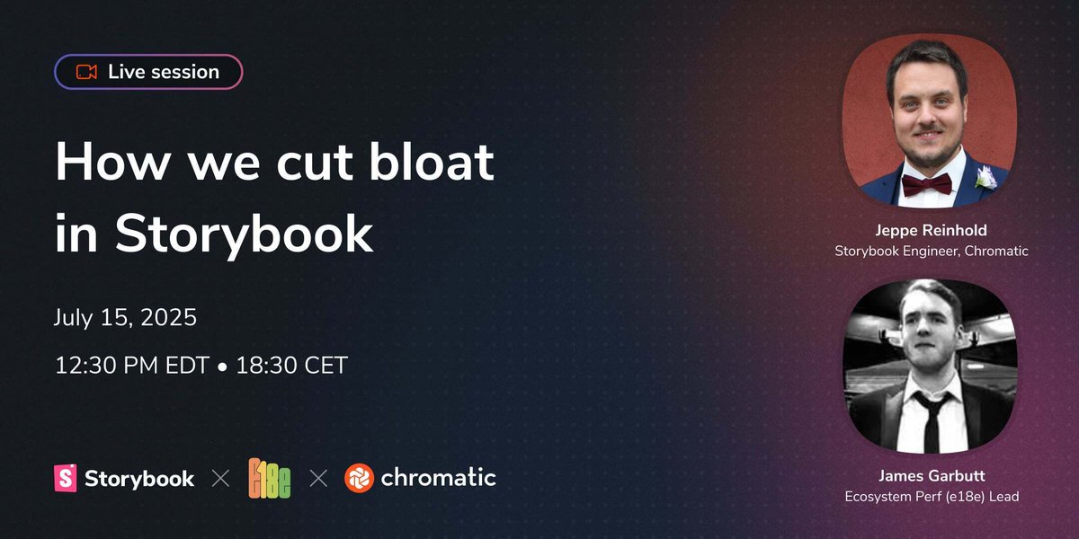 storybookjs's tweet image. Tomorrow, we're showing you how we cut 48% of Storybook’s bundle size.
Join Jeppe Reinhold (Storybook core) and James Garbutt (aka 43081j, head of e18e) for a live breakdown with Q&A.
🔗 Grab your spot: hubs.li/Q03x42DL0