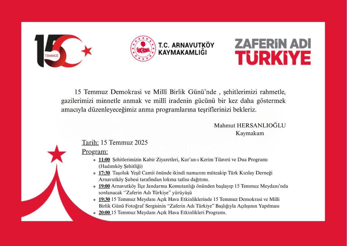 Tüm velilerimiz davetlidir. 15 Temmuz Demokrasi ve Milli Birlik Günümüz mübarek olsun. Zaferin Adı: Türkiye 🇹🇷 <a href="/Arnavutkoy_K/">Arnavutköy Kaymakamlığı</a> <a href="/ARNAVUTKOYMEM/">Arnavutköy İlçe Millî Eğitim Müdürlüğü</a> <a href="/19_mstfylmz/">Mustafa YILMAZ</a>