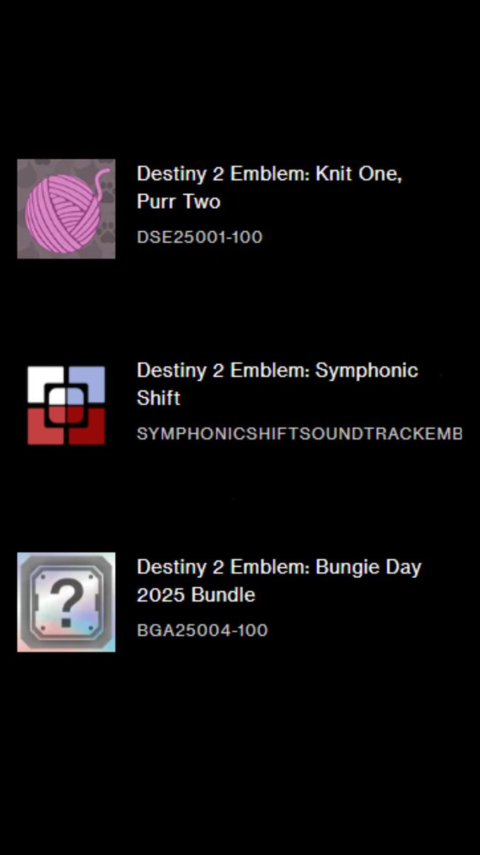 BladeStrikerr's tweet photo. Let's do a giveaway 
there are 3 winners 
the first is gonna get the emblem bundle ( 8 emblems ) 
the second and third will get 1 emblem from any @BungieLove emblems from the list below 

follow, repost and like 

winners will be announced on the 25th.
Good luck.

P.S. if u don't want to wait, you can get your emblem from here 
https://t.co/ZkeeVPn3Yp 

#Destiny2