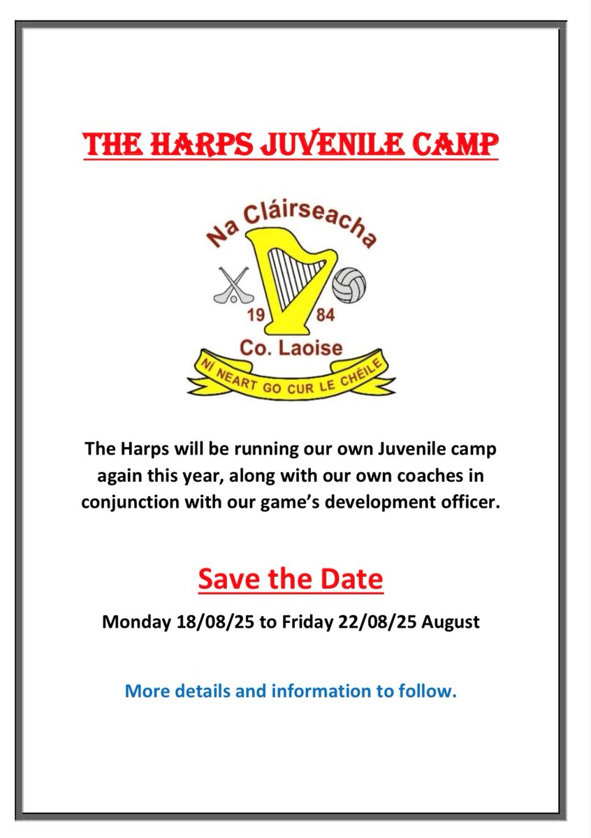 THE HARPS JUVENILE CAMP
Get all the latest news on the The Harps GAA app member.clubspot.app/club/the-harps…