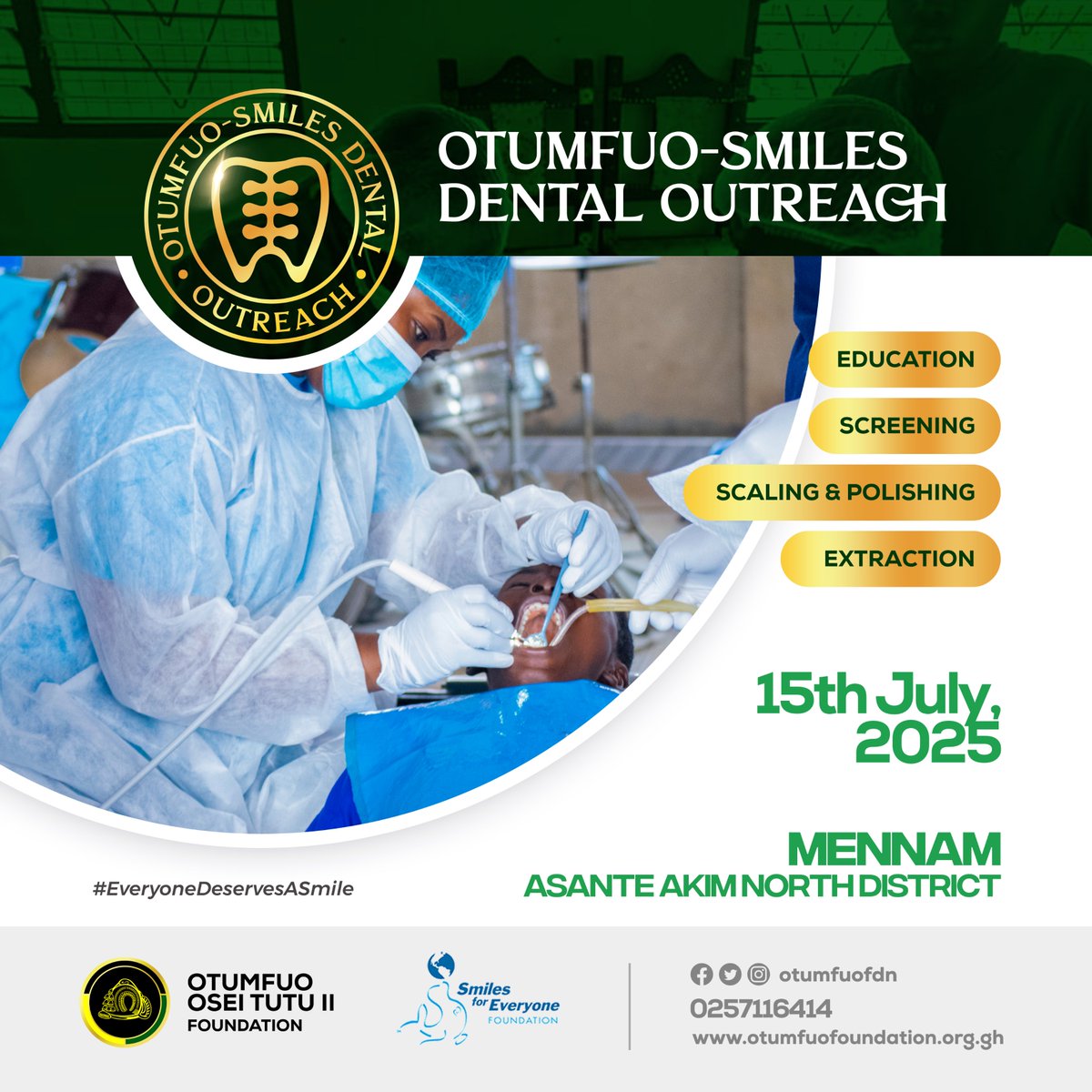 📍Next Stop: Mennam! 🦷✨
Tomorrow, July 15, the Otumfuo-Smiles Dental Outreach team is bringing free dental care to the people of Mennam – Asante Akim North District!
From screening, extraction, to scaling and polishing, spreading healthy smiles; one community at a time. 💙