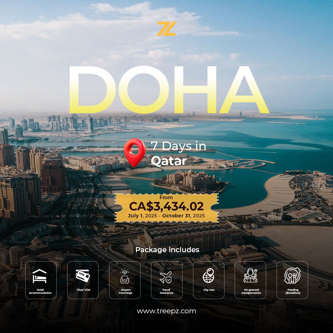 Golden skies. Gulf luxury. 🕌✨
Experience 7 unforgettable days in Doha this summer.
📍From CA$4,034.02 | July–Oct 2025
✅ Hotel, Visa, Tours, Insurance, Transport &amp; Breakfast — all covered.

Let Treepz handle the details. You just show up.

🔗 treepz.com
