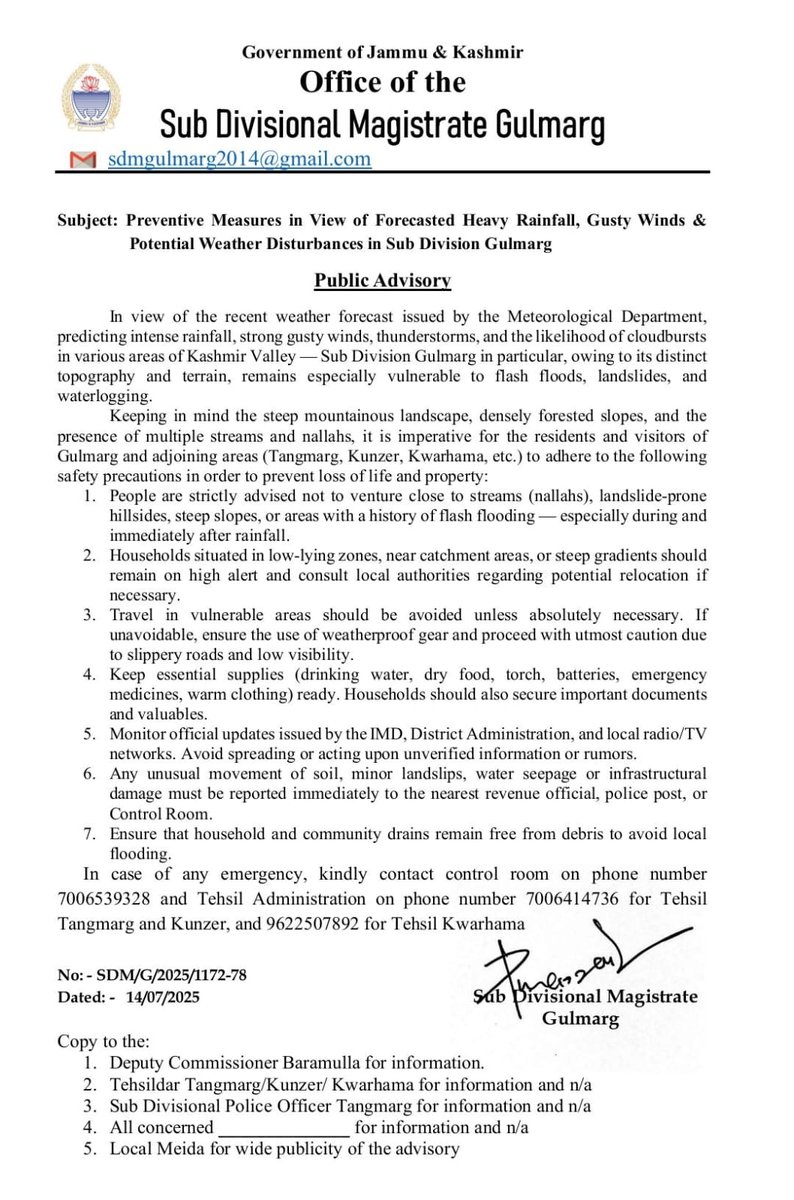 Gulmarg Administration Issues Advisory Amid Forecast of Heavy Rainfall and Gusty Winds

#Gulmarg #Advisory #JammuAndKashmir