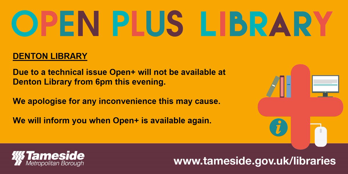 TamesideLibrary's tweet image. DENTON LIBRARY. Due to a technical issue Open+ will not be available at Denton Library from 6pm this evening.
We apologise for any inconvenience this may cause.
We will inform you when Open+ is available again.