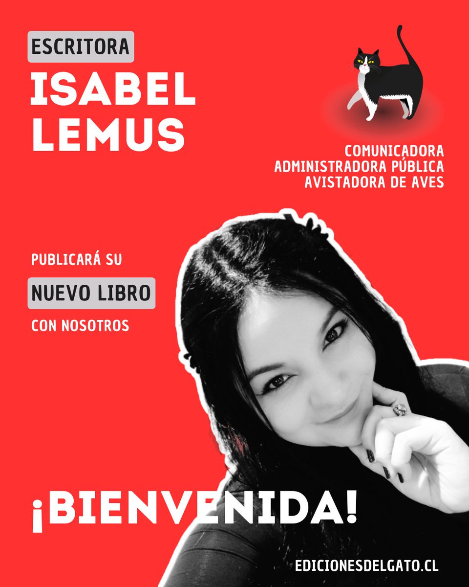 ✨Nueva autora de Ediciones del Gato: Isabel Lemus🎊

Nacida en #Taltal, es administradora pública y avistadora de #aves.
Autora de La caza del pecado (2015), ha colaborado en libros de la Fundación Adopta.

¡Bienvenida a la casa del gatito! 😺

#nuevolibro
#autoraschilenas