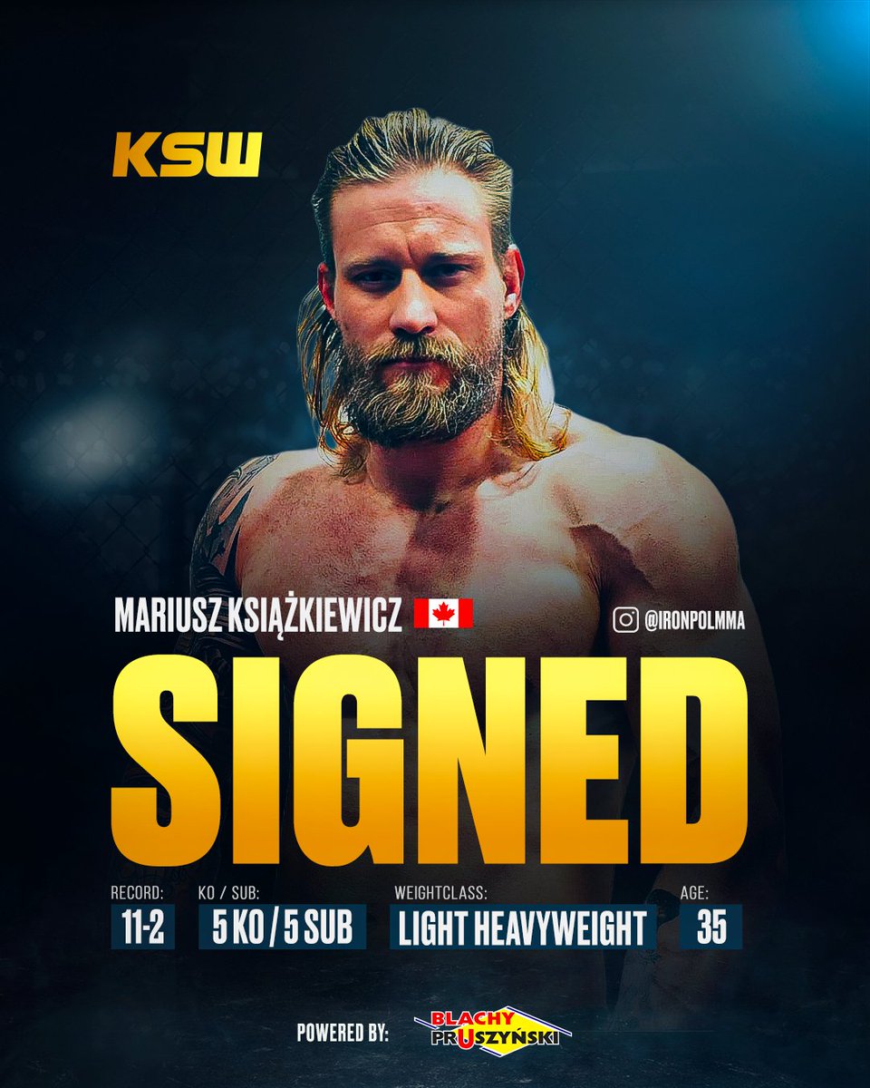 "The Iron Pol" joins the KSW roster!
✅ 11 wins
👊 5 KOs
🥋 5 SUBs
🔥 6 first round finishes
🏆 Unified MMA &amp; Ignite Fights Champion
⏳ 35 y.o.
⚖️ Light Heavyweight
Welcome to KSW, Mariusz Książkiewicz 🇨🇦!