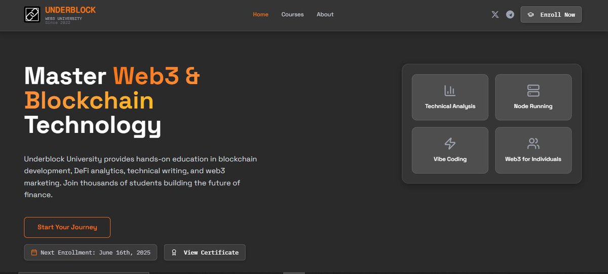 MF (@mfckr_eth) on Twitter photo GM web3
<a href="/UnderblockHQ/">Underblock University</a> 2025 is starting cohort 2 with the following certified web3 courses
>DeFi Data Analytics
>Blockchain Development
>Web3 for Individuals
>Web3 for Corporate Entities
>Technical Marketing
>Technical Writing
>Vibe Coding
>Node Running
Enroll 👇 GM web3
<a href="/UnderblockHQ/">Underblock University</a> 2025 is starting cohort 2 with the following certified web3 courses
>DeFi Data Analytics
>Blockchain Development
>Web3 for Individuals
>Web3 for Corporate Entities
>Technical Marketing
>Technical Writing
>Vibe Coding
>Node Running
Enroll 👇