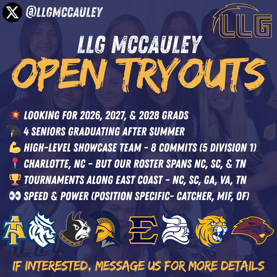 🔥 LLG McCauley 18u Tryouts 🔥
We’re looking for elite athletes to join our roster for Fall 2025! Are YOU ready to compete at the next level?

💥 Open to 2026, 2027, &amp; 2028 grads
💪 High-level showcase team - seen by 100+ college coaches annually
📍 Based in Charlotte, NC – but