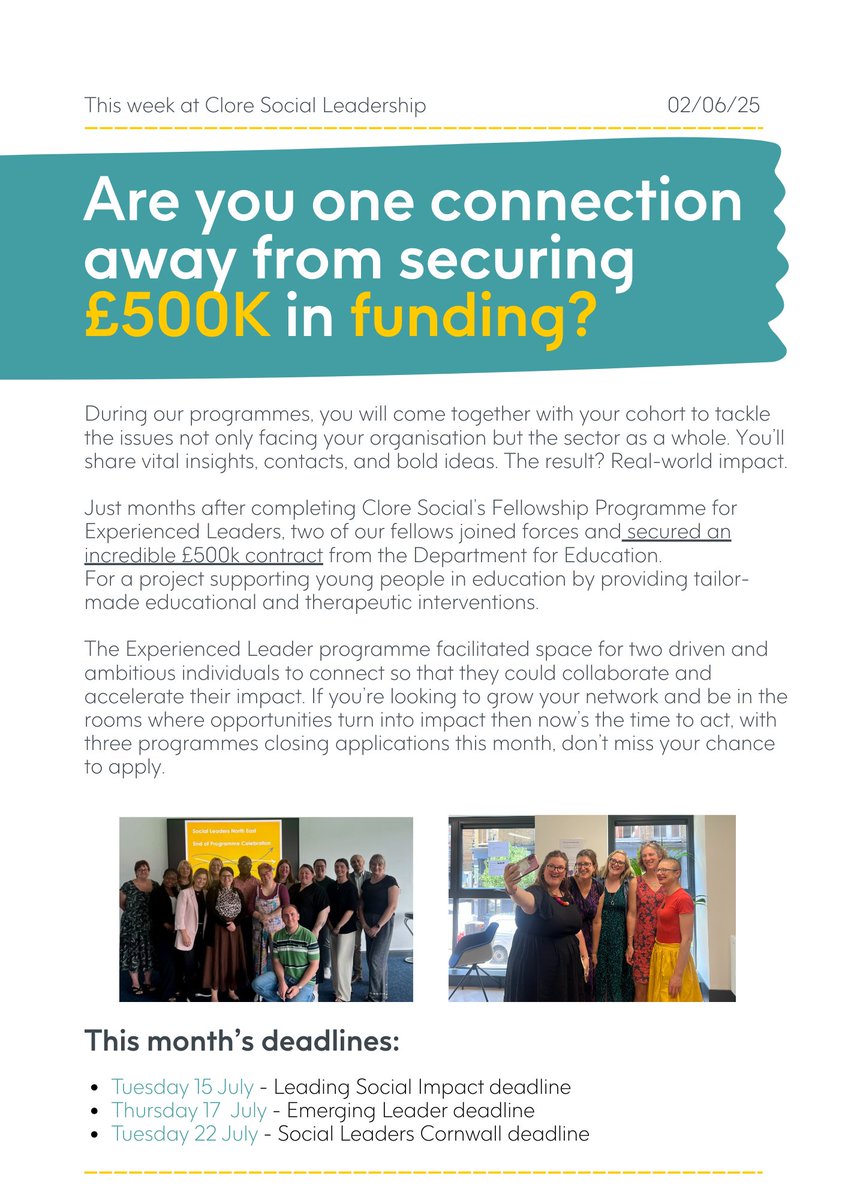 Clore Social (@cloresocial) on Twitter photo Ready to build your network? Join an upcoming programme here.⬇️
Leading Social Impact ➡️cloresocialleadership.org.uk/page/Leading_S…
Emerging Leader ➡️cloresocialleadership.org.uk/page/Emerging_…
Experienced Leader ➡️cloresocialleadership.org.uk/page/Experienc…
Social Leaders Cornwall ➡️cloresocialleadership.org.uk/page/Supportin…
Want to hear more about Ready to build your network? Join an upcoming programme here.⬇️
Leading Social Impact ➡️cloresocialleadership.org.uk/page/Leading_S…
Emerging Leader ➡️cloresocialleadership.org.uk/page/Emerging_…
Experienced Leader ➡️cloresocialleadership.org.uk/page/Experienc…
Social Leaders Cornwall ➡️cloresocialleadership.org.uk/page/Supportin…
Want to hear more about