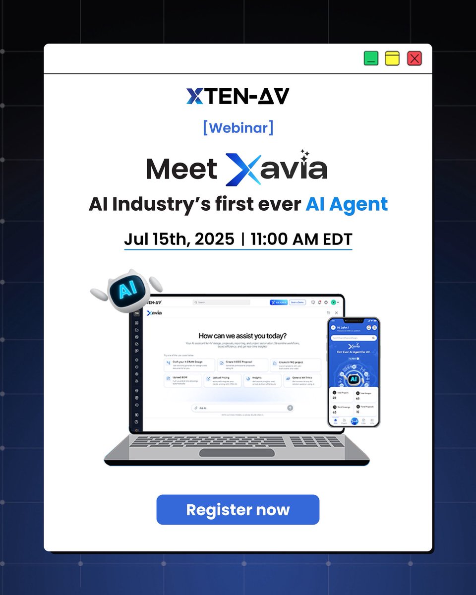 🚨 XAVIA is here — and tomorrow, you’ll see it in action.

Join our live webinar to watch the AV industry’s first AI Agent reshape how we design, quote &amp; manage.

📅 July 15 | 11:00 AM EDT
🔗 Register: us02web.zoom.us/webinar/regist…

#XAVIA #XTENAV #AVAutomation #AVWebinar