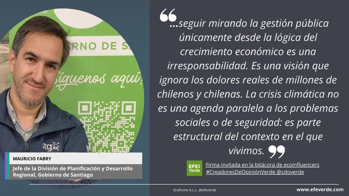 EFEverde (@efeverde) on Twitter photo La crisis climática no es una agenda paralela a los problemas sociales o de seguridad: es parte estructural del contexto en el que vivimos. <a href="/MauricioFabry/">Mauricio Fabry Otte</a>, jefe de Planificación y Desarrollo, Gobierno de Santiago. @cdoverde #CreadoresDeOpiniónVerde efeverde.com/cdoverde-chile… La crisis climática no es una agenda paralela a los problemas sociales o de seguridad: es parte estructural del contexto en el que vivimos. <a href="/MauricioFabry/">Mauricio Fabry Otte</a>, jefe de Planificación y Desarrollo, Gobierno de Santiago. @cdoverde #CreadoresDeOpiniónVerde efeverde.com/cdoverde-chile…