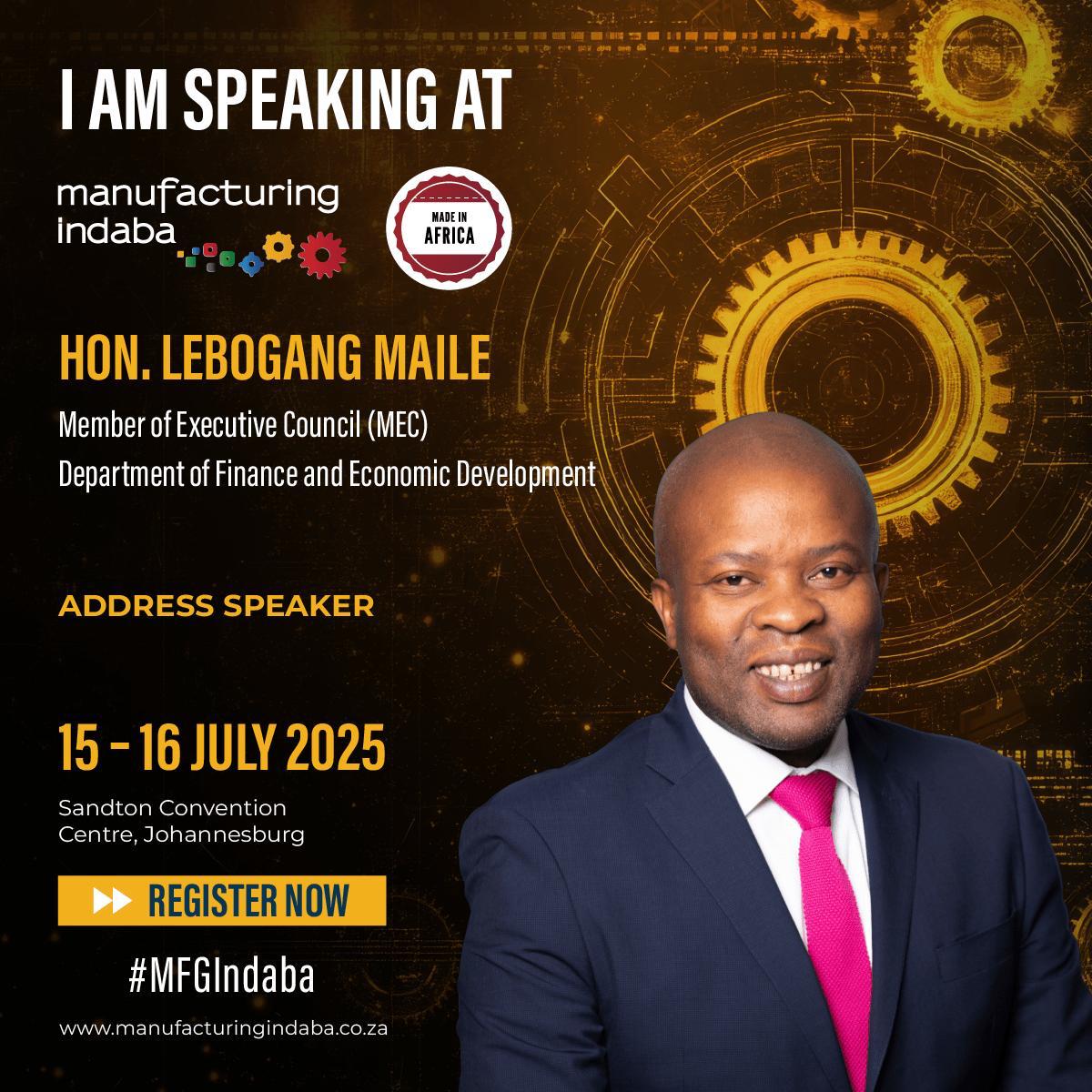 Gauteng Department of Economic Development (@gautengded) on Twitter photo ๐ฃ Hon. <a href="/LebogangMaile1/">Lebogang Maile</a>, MEC for Finance and Economic Development, will be addressing the Manufacturing Indaba 2025!
Join us as we discuss how to unlock Africaโs manufacturing potential and drive inclusive economic growth. ๐๐ง
๐๏ธ 15 โ 16 July 2025
๐ Sandton Convention Centre, ๐ฃ Hon. <a href="/LebogangMaile1/">Lebogang Maile</a>, MEC for Finance and Economic Development, will be addressing the Manufacturing Indaba 2025!
Join us as we discuss how to unlock Africaโs manufacturing potential and drive inclusive economic growth. ๐๐ง
๐๏ธ 15 โ 16 July 2025
๐ Sandton Convention Centre,