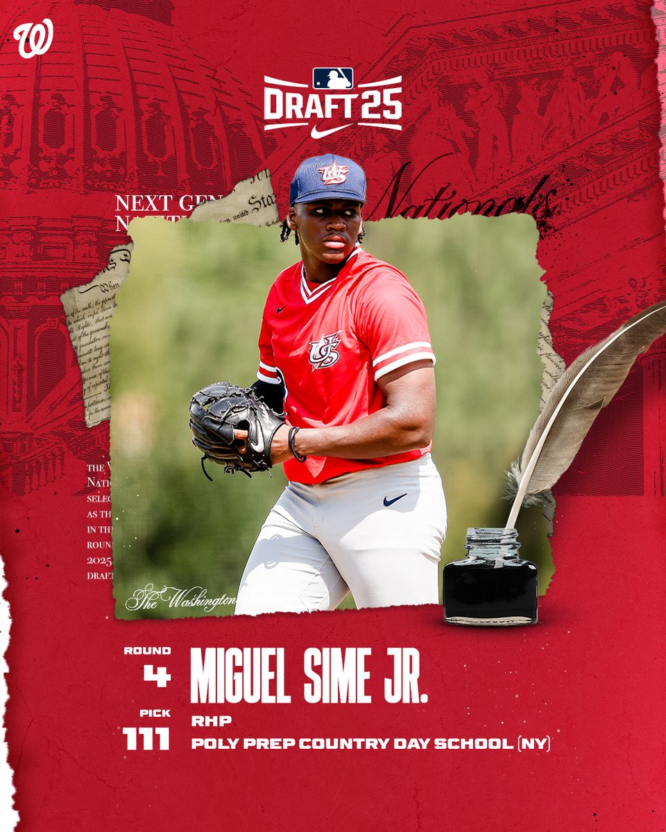 Welcome to the <a href="/Nationals/">Washington Nationals</a>, Miguel!

With the 111th pick in the 2025 MLB Draft, the Nats select RHP Miguel Sime Jr. from Poly Prep Country Day School (NY).