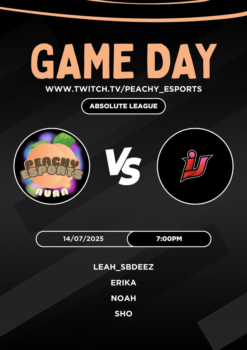 🚨GAMEDAY!🚨

Peachy Aura 🆚 Ignite Uprising

🟡 <a href="/Absolute_League/">Absolute League</a> 
⏰ 7:00PM GMT
📽️ <a href="/LudoUK_/">Ludo</a>  / twitch.tv/peachy_esports 

Roster:
🍑 <a href="/leah_sbdeez/">Leah</a> 
🍑 Erika 
🍑 <a href="/noah_bradley15/">Noah</a> 
🍑 <a href="/Shozeniths/">S ✨</a>
