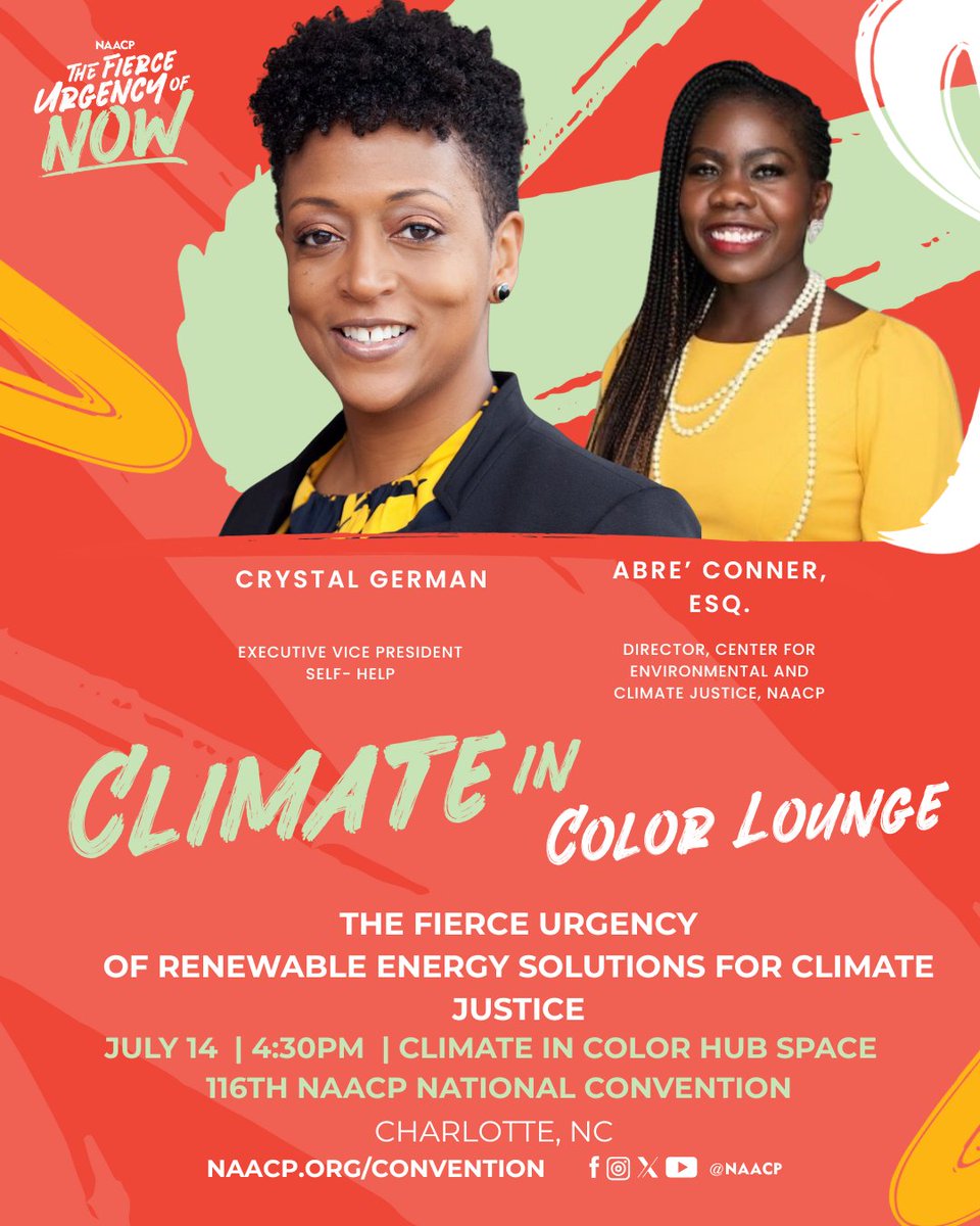 CRLONLINE's tweet image. Today! Hear Crystal German, Self-Help EVP, discuss the urgency of renewable energy solutions for climate justice at the 4:30 panel in the Climate in Color Hub Space at 116th #NAACPConvention.