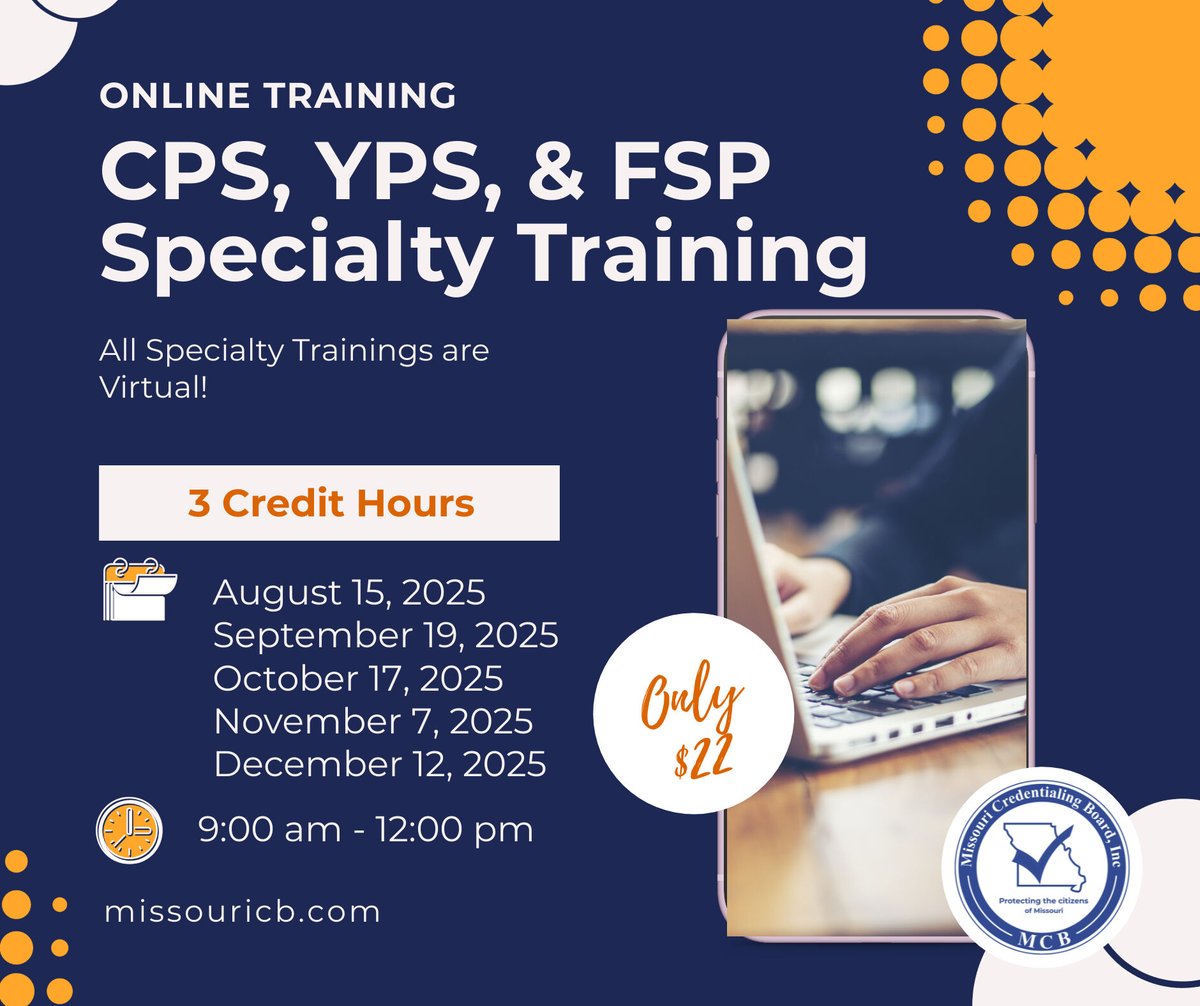 🚨 Don’t miss out! 🚨
Register now for the VIRTUAL CPS, YPS, and FSP Specialty Trainings 🌐📚

🔗 missouricb.com/cps-specialty-…

#CPS #YPS #FSP #RecoverySupport #VirtualTraining #PeerSupport