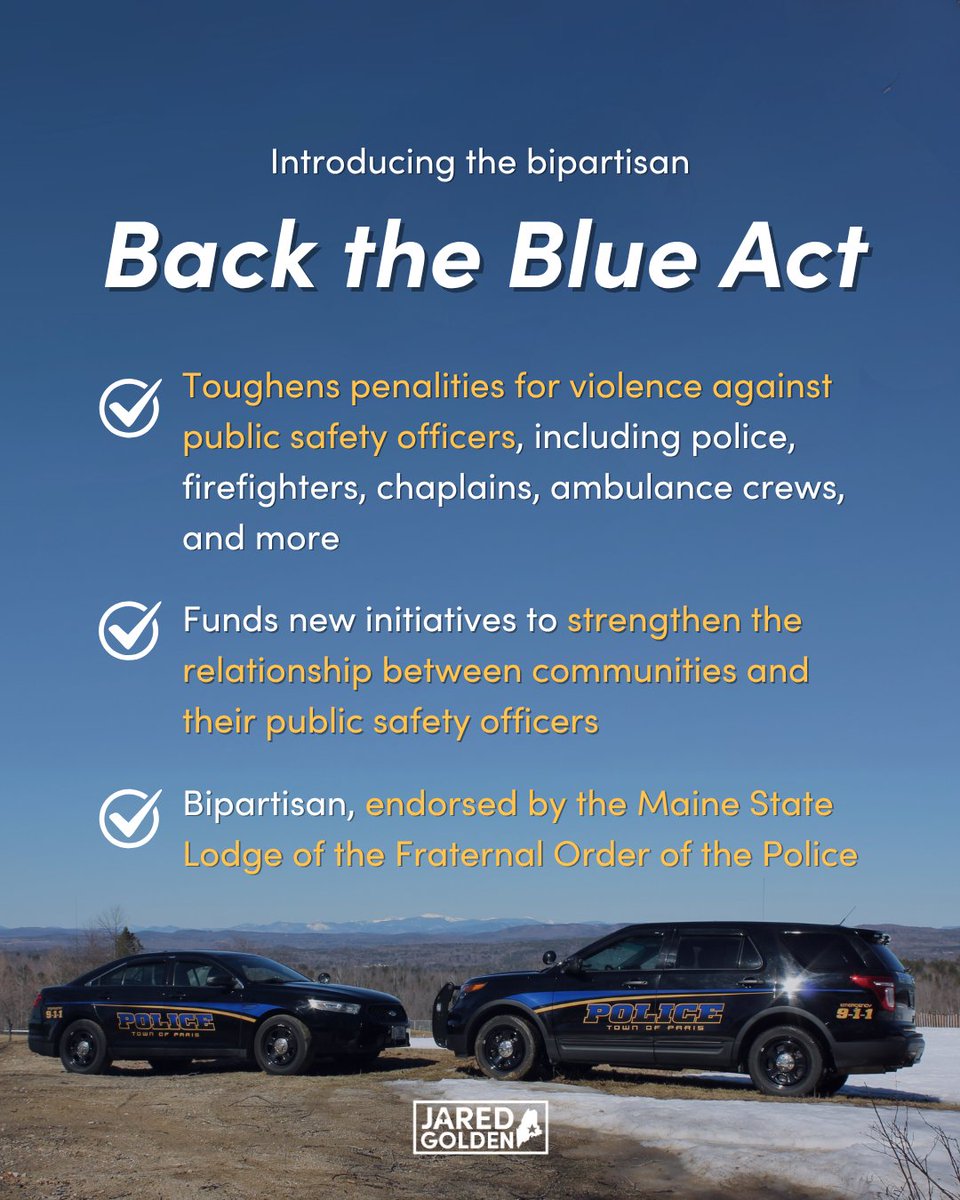 RepGolden's tweet image. At a time when violence against public safety officers is trending upwards, we must do more to protect the protectors.
Proud to help lead the bipartisan Back the Blue Act to crack down on those who target first responders.