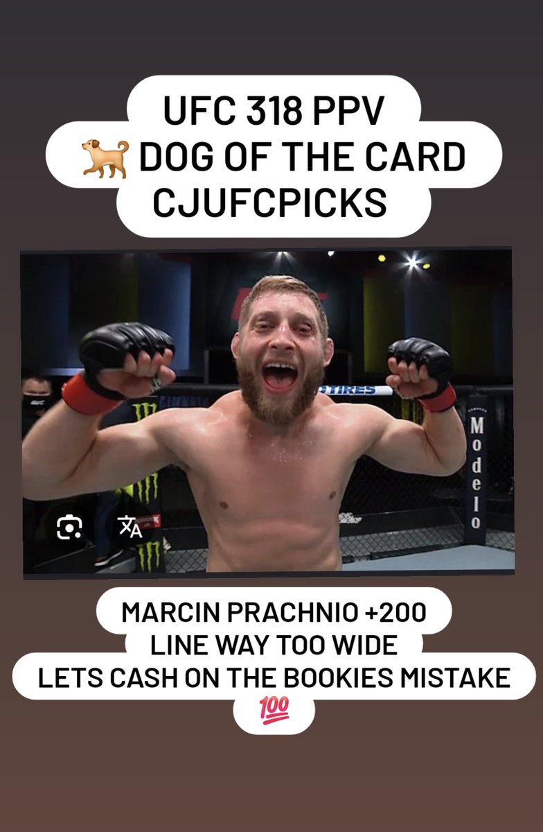 CJUFCPicks's tweet photo. Bookies made a mistake so let's make them pay with my dog of the card at UFC 318! #MMATwitter #GamblingX #ufc318 #ufcppv #ufcfightnight #hollowayvspoirier #dog #marcinprachnio #ufcpicks #ufcpredictions #ufcvideo #ufcedit #ufcnews #fight #knockout #tapout #fyp #cjufcpicks https://t.co/TaufwXXF78