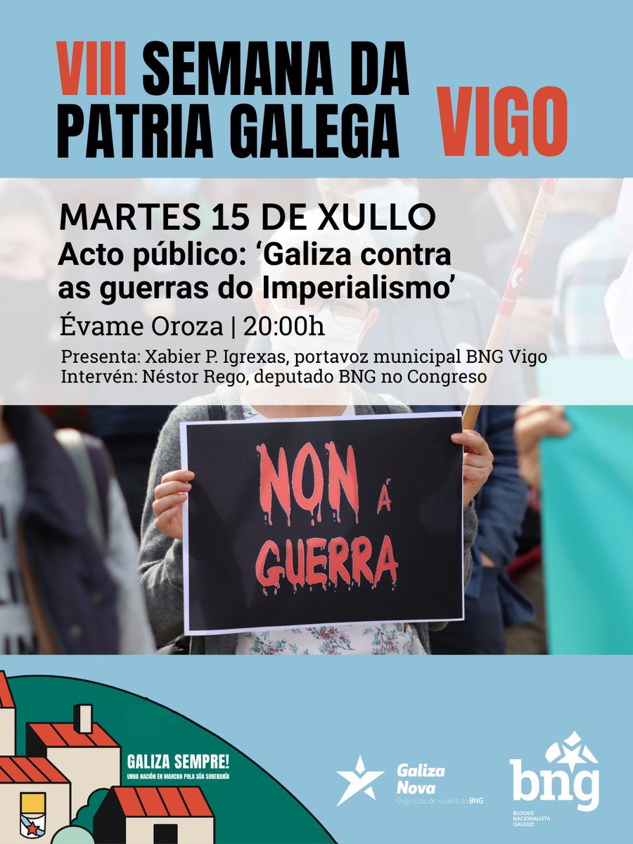 🔵 Galiza contra as guerras do imperialismo

Acto Público - VIII Semana da Patria Galega en Vigo

🗣️ Coa intervención do noso deputado no Congreso, Néstor Rego, presentado polo portavoz municipal, Xabier P. Igrexas

🗓️ Este martes 15 de xullo, ás 20:00h na Évame Oroza