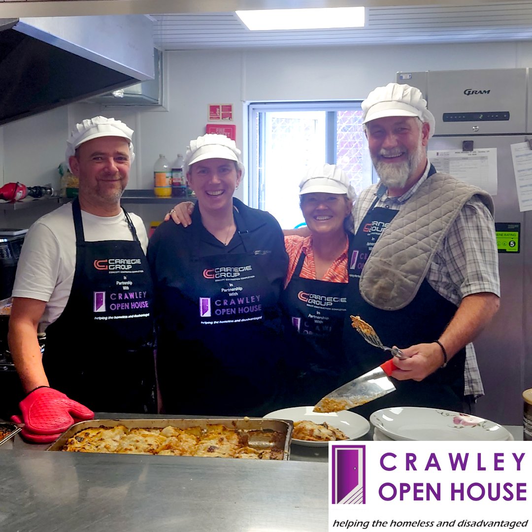 A first for our hostel kitchen—custom aprons made for the occasion! Huge thanks to Abi, Sarah, David &amp; Simon from Carnegie Group for taking time out to cook a delicious lasagne &amp; apple crumble lunch for our residents. A brilliant effort all round!
#Volunteering #CommunitySupport