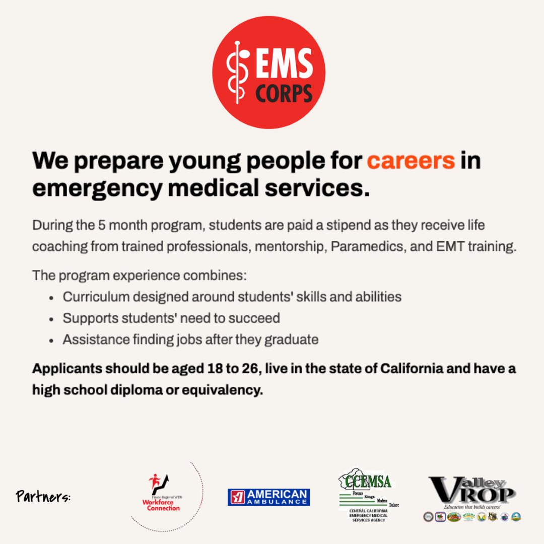 🚨 Want to become an EMT? Ages 18–26 in Fresno County can apply for a FREE 5-month EMS program with ride-alongs, job training &amp; a $1,500 monthly stipend! Starts in August.
📲 Apply: fresnoemscorps.org
Not sponsored by PUSD—just sharing! 💙