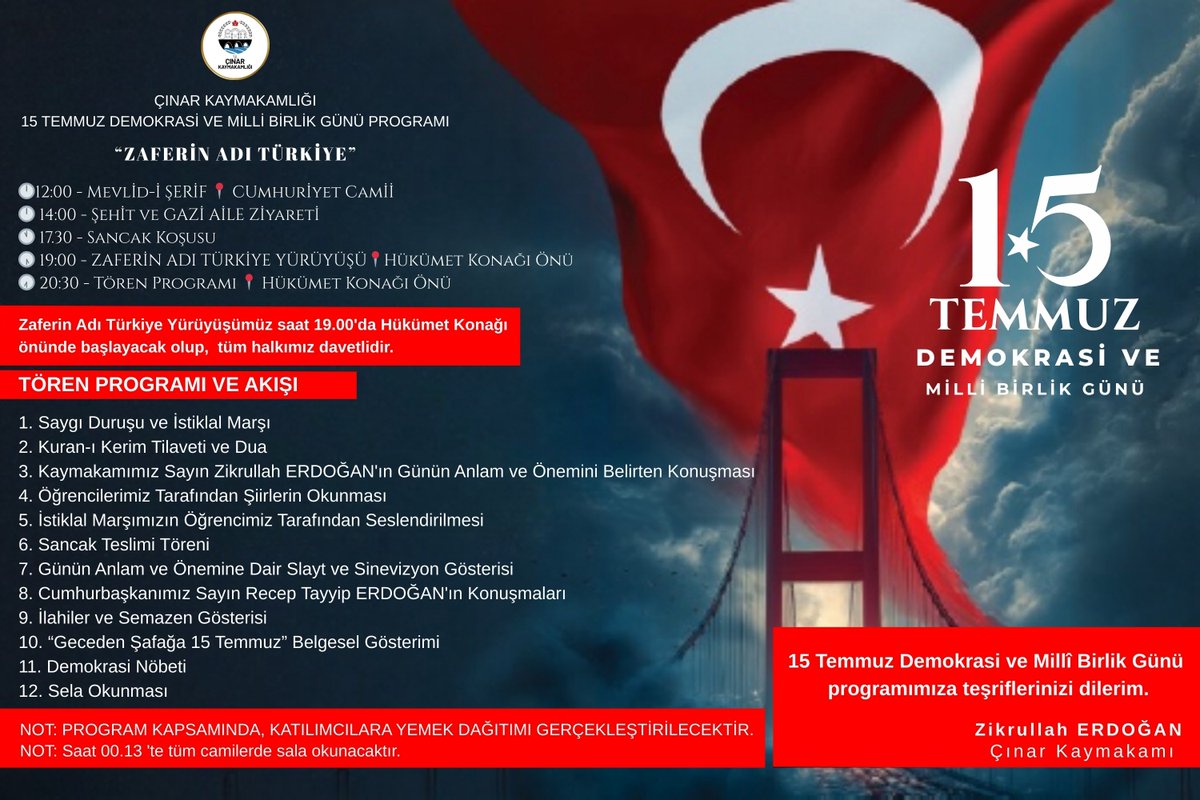 📍 15 Temmuz Demokrasi ve Milli Birlik Günü Programı 🇹🇷

Aziz milletimizin demokrasimize ve milli irademize sahip çıktığı, destansı bir direnişin yaşandığı 15 Temmuz’un yıldönümünde, şehitlerimizi rahmetle, gazilerimizi minnetle anıyoruz.

Demokrasimize sahip çıktığımız bu