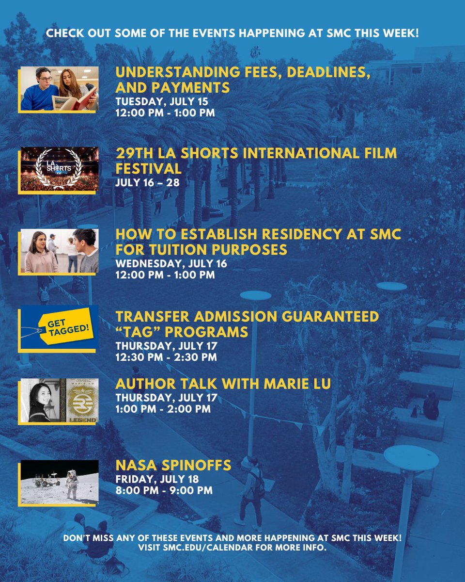 Hey, Corsairs! Check out some of the events happening at SMC this week. You can visit the SMC calendar for more events and details: smc.edu/calendar