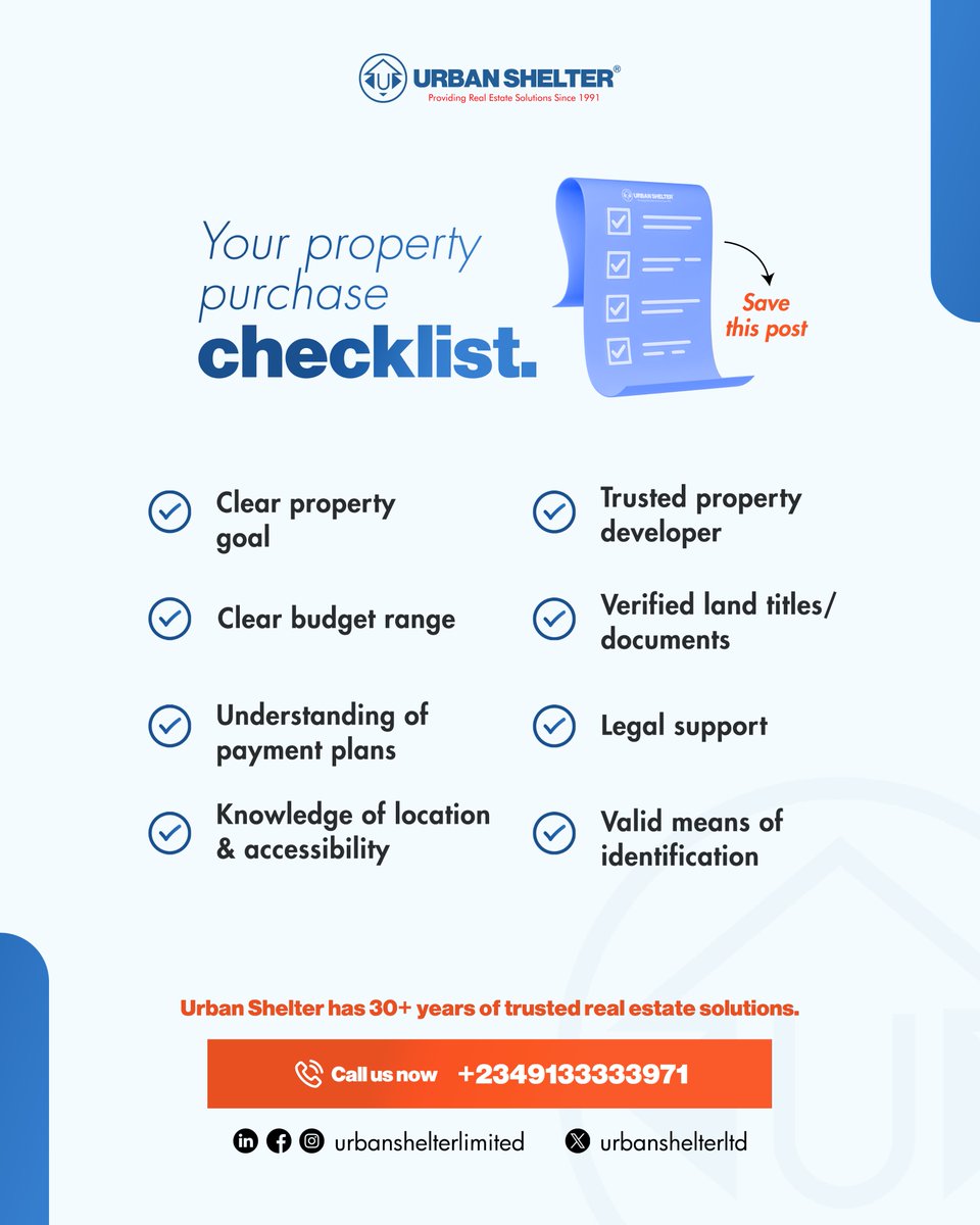 🏡 Thinking of buying a home from abroad? Don’t dive in blindly. Here’s a checklist to guide you before you make any move.
📌 Save this post and share with someone planning to invest back home.

#diasporainvestment #propertychecklist #UrbanShelter #realestate #investbackhome