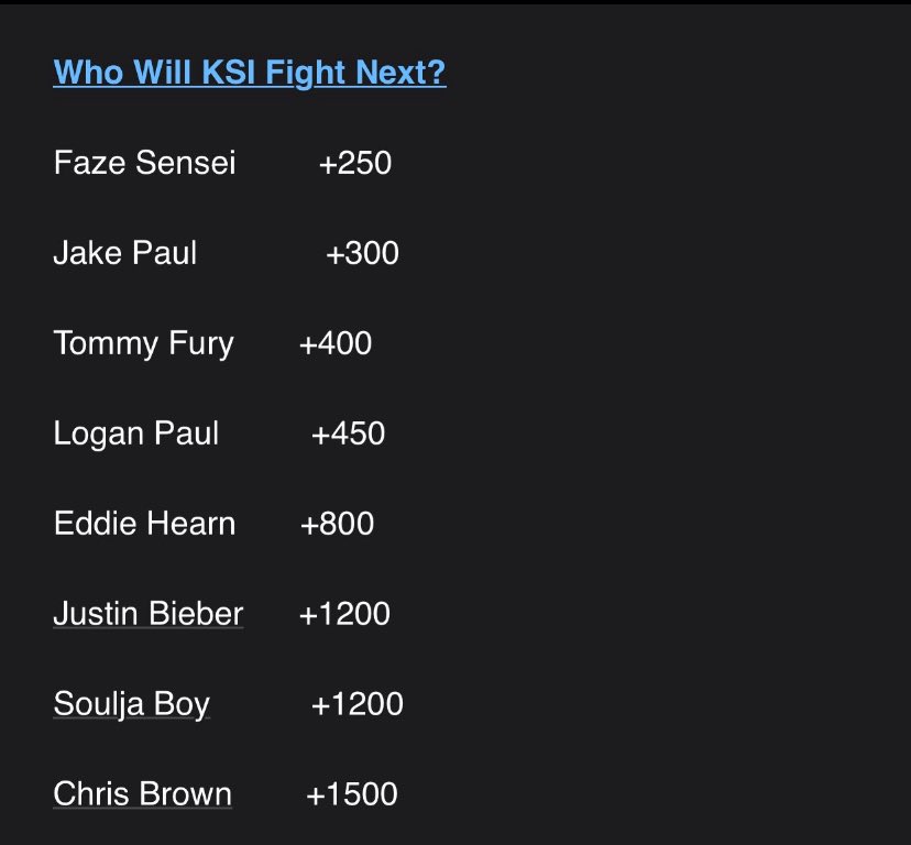 JK_Boxing's tweet image. ‼️Throwback to when betting odds were placed for who KSI would fight after he defeated Logan Paul in 2019💥 🥊
Out of these names which one would have been the best?