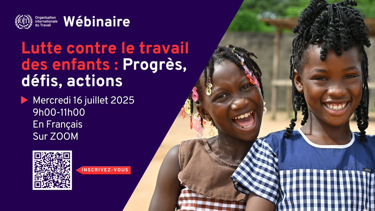 OITAbidjan's tweet image. 📢Save the date ❗️
Webinaire régional sur la lutte contre le #TravailDesEnfants : progrès, défis, actions.
Unis pour protéger chaque enfant.
📅: 16 juillet 2025
🕘: 9h-11h
💻 Zoom
#ActNow #Objectif87 #OIT #StopChildLabour
Joignez-nous via ce 🔗 : ilo-org.zoom.us/meeting/regist…